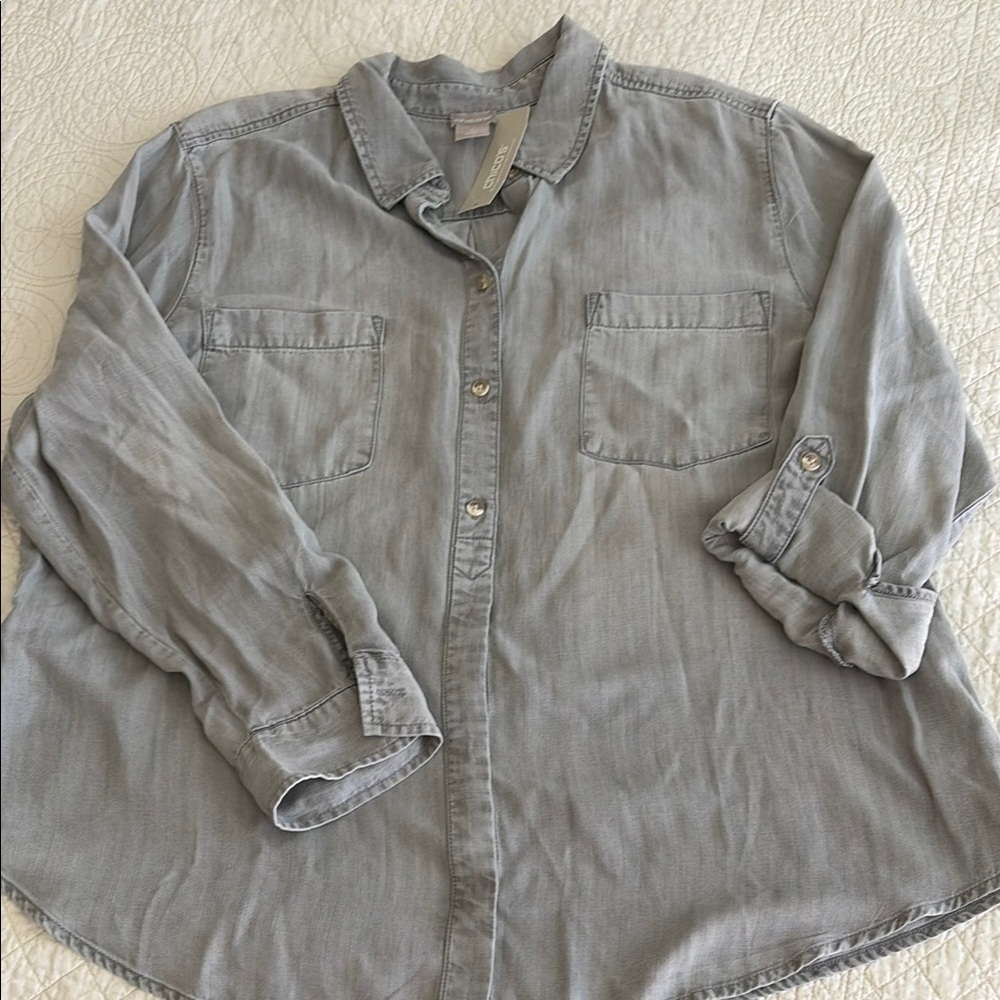 Chicos NWT Denim Gray Button-Up Shirt